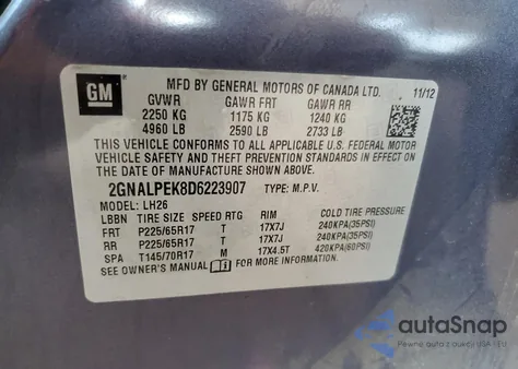 2013 Chevrolet Equinox Lt z USA, uszkodzony, nr VIN 2GNALPEK8D6223907